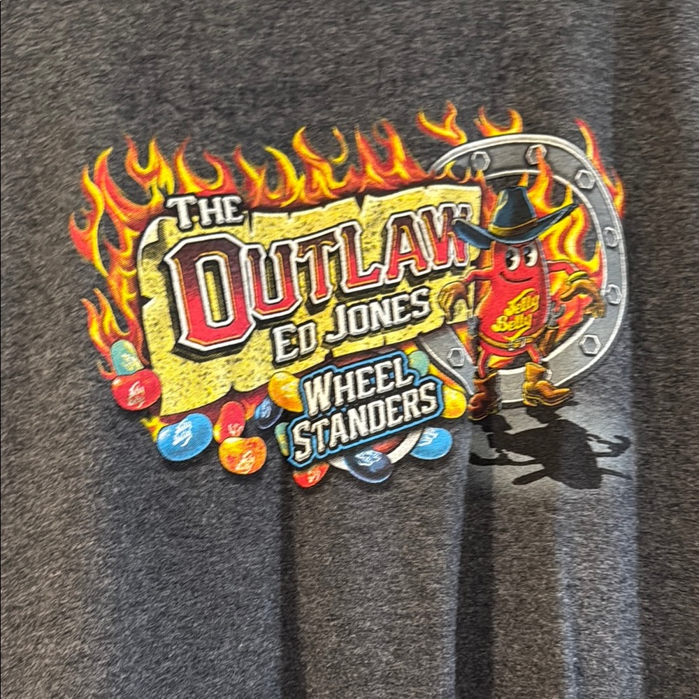 Gray Graphic Drag Racing T-Shirt with Flame Design and Ed the Outlaw Jones